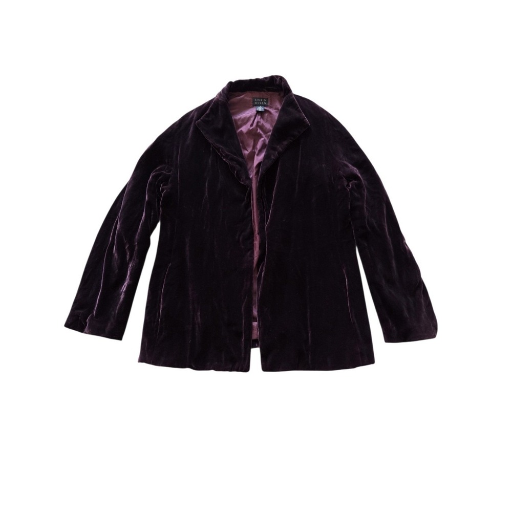 Sigrid Olsen Silk Velvet Blazer Jacket Purple Eggplant Open Front Womens S VTG
